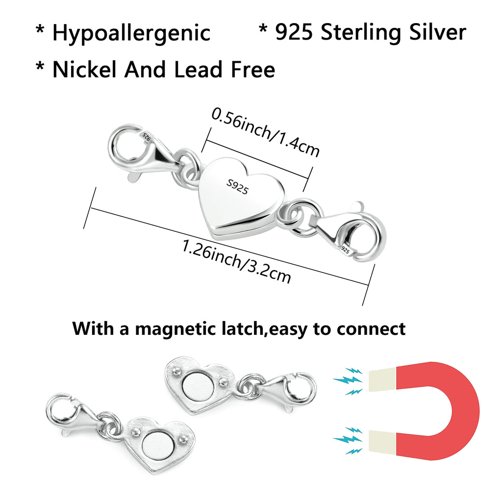925 Sterling Silver heart magnetic clasp for necklace and bracelet, two heart links