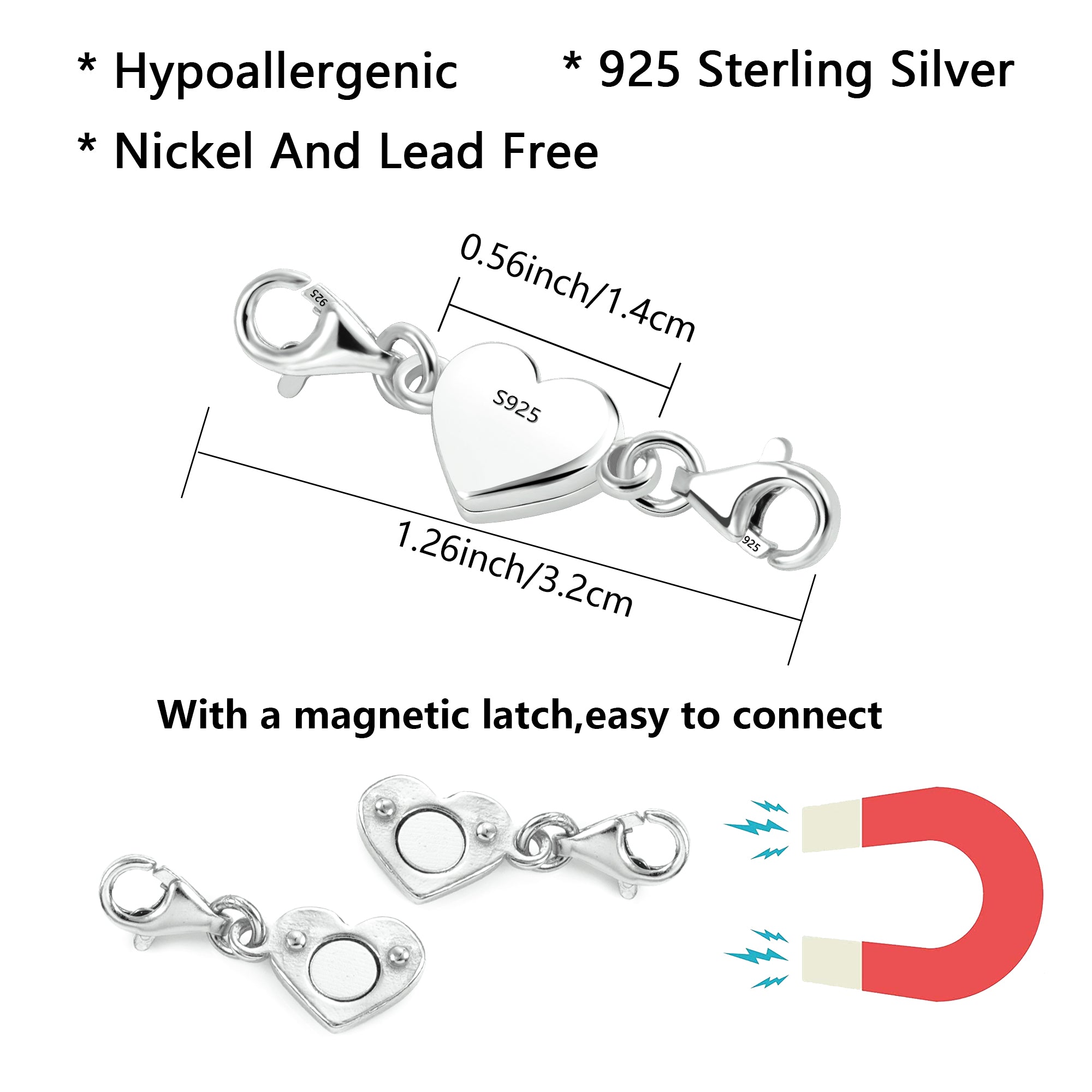 925 Sterling Silver heart magnetic clasp for necklace and bracelet, two heart links