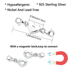 925 Sterling Silver heart magnetic clasp for necklace and bracelet, two heart links
