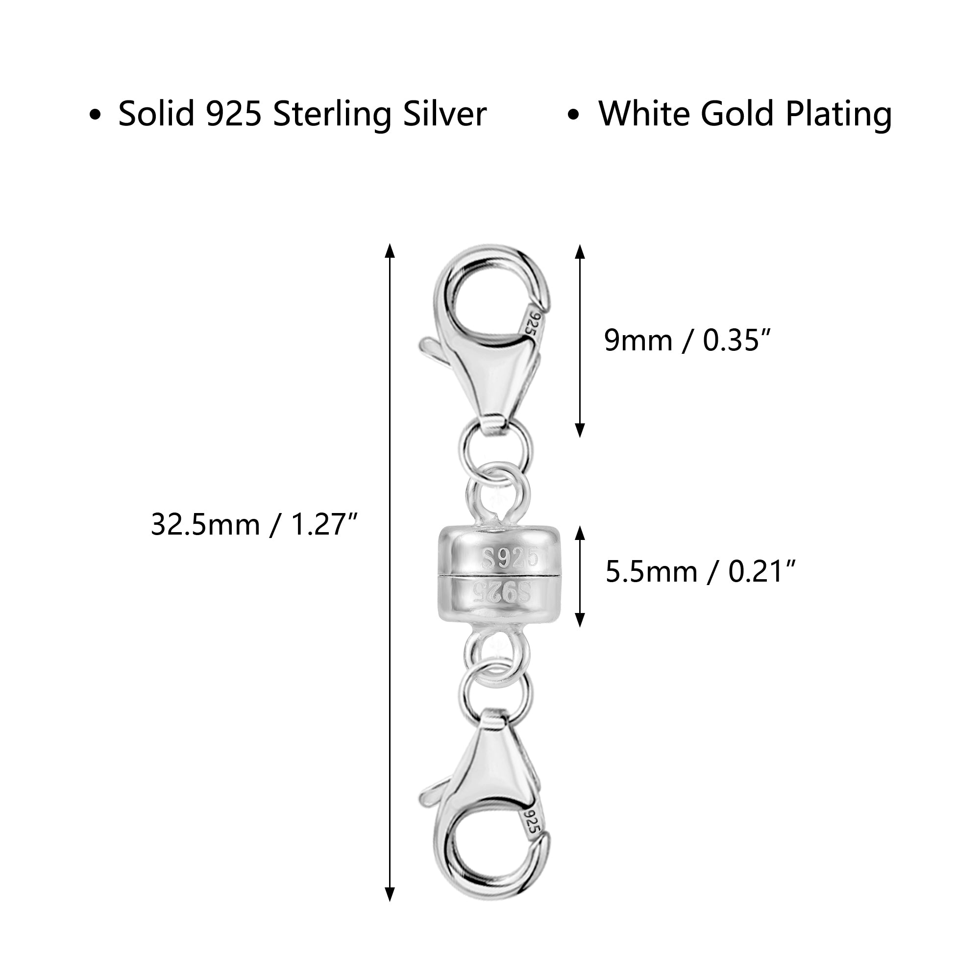 Magnetic necklace clasp converter in 925 sterling silver with 9mm and 32.5mm links