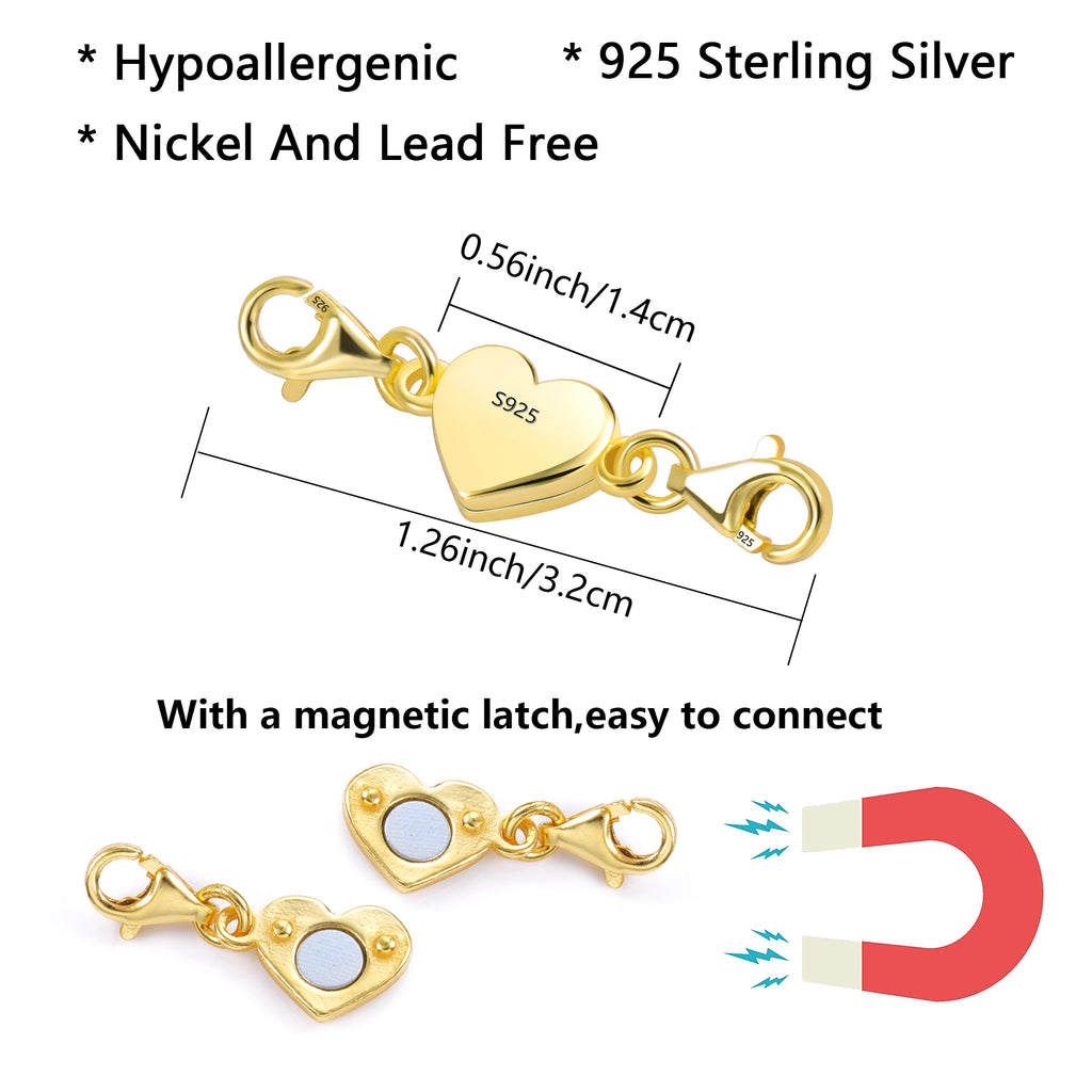 Gold heart magnetic clasp with magnetic latch and lobster clasp ends, size lines shown