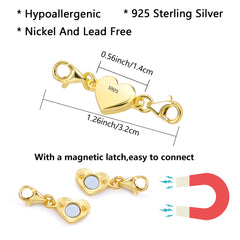 Gold heart magnetic clasp with magnetic latch and lobster clasp ends, size lines shown