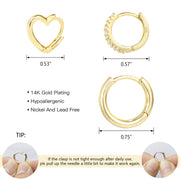 Alexcraft 3 Pairs Small Huggie Hoop Earrings Set 14K Gold Plated Hypoallergenic Heart Hoop Earrings for Women Gifts for Mom