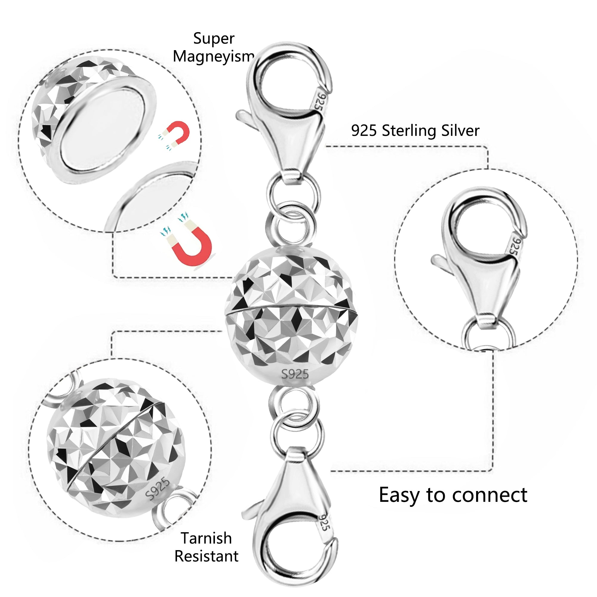925 sterling silver disco ball magnetic necklace clasp with lobster clips, product view