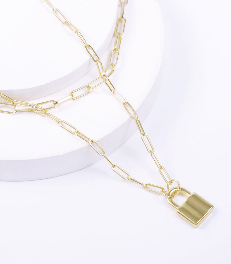 Paperclip Link Chain Padlock Necklace (2 Chains)