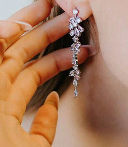 Long Floral Crystal Dangle Earrings