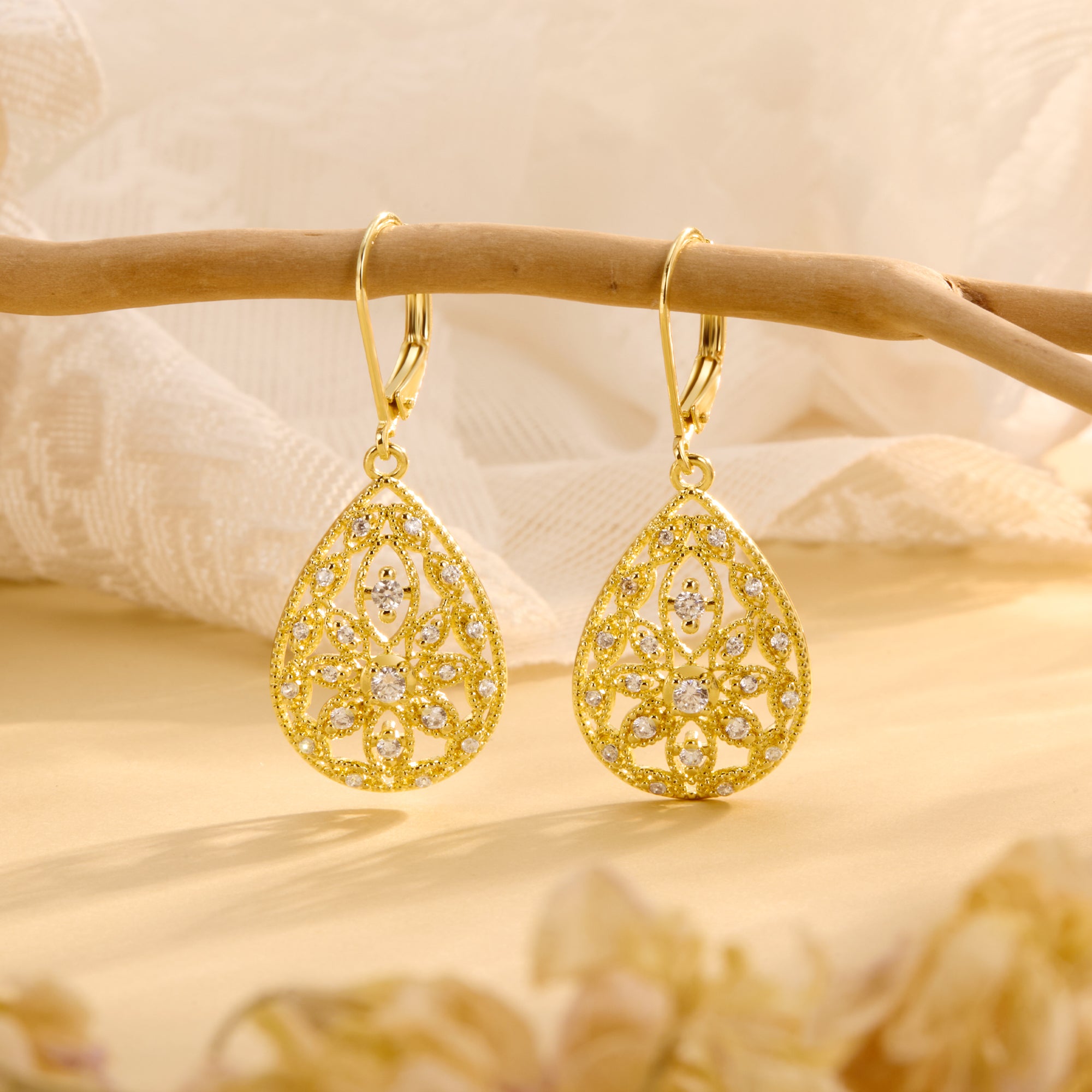Gold Filigree CZ dangle earrings, teardrop drop with filigree swirls and round CZ accents.