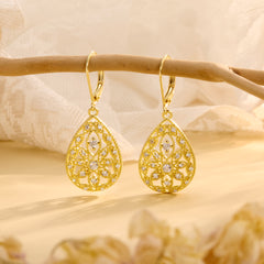 Gold Filigree CZ dangle earrings, teardrop drop with filigree swirls and round CZ accents.