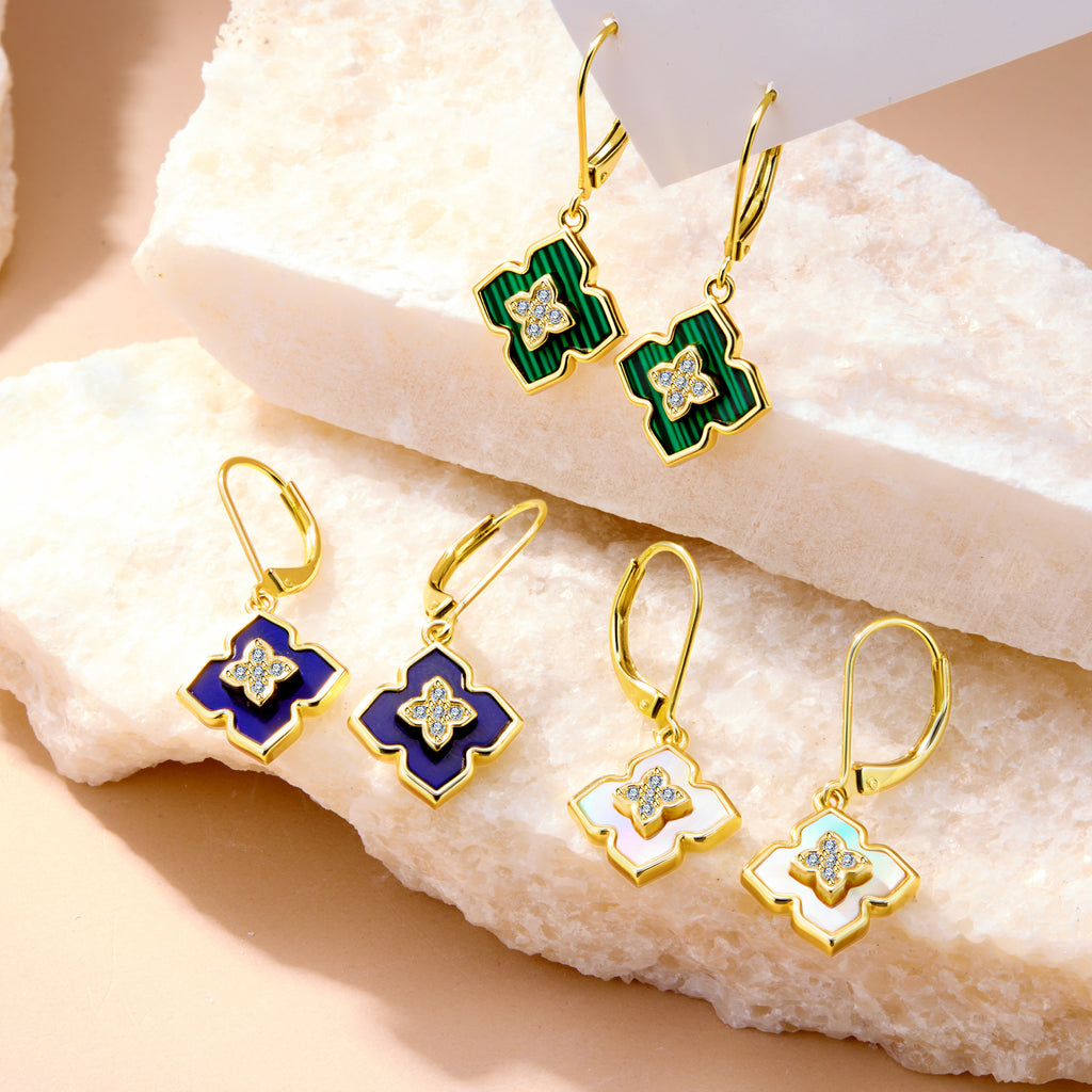 Four-leaf clover drop earrings with malachite green enamel and crystal center