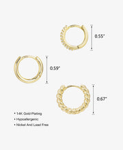 3 Pairs Small Gold Hoop Earrings Set