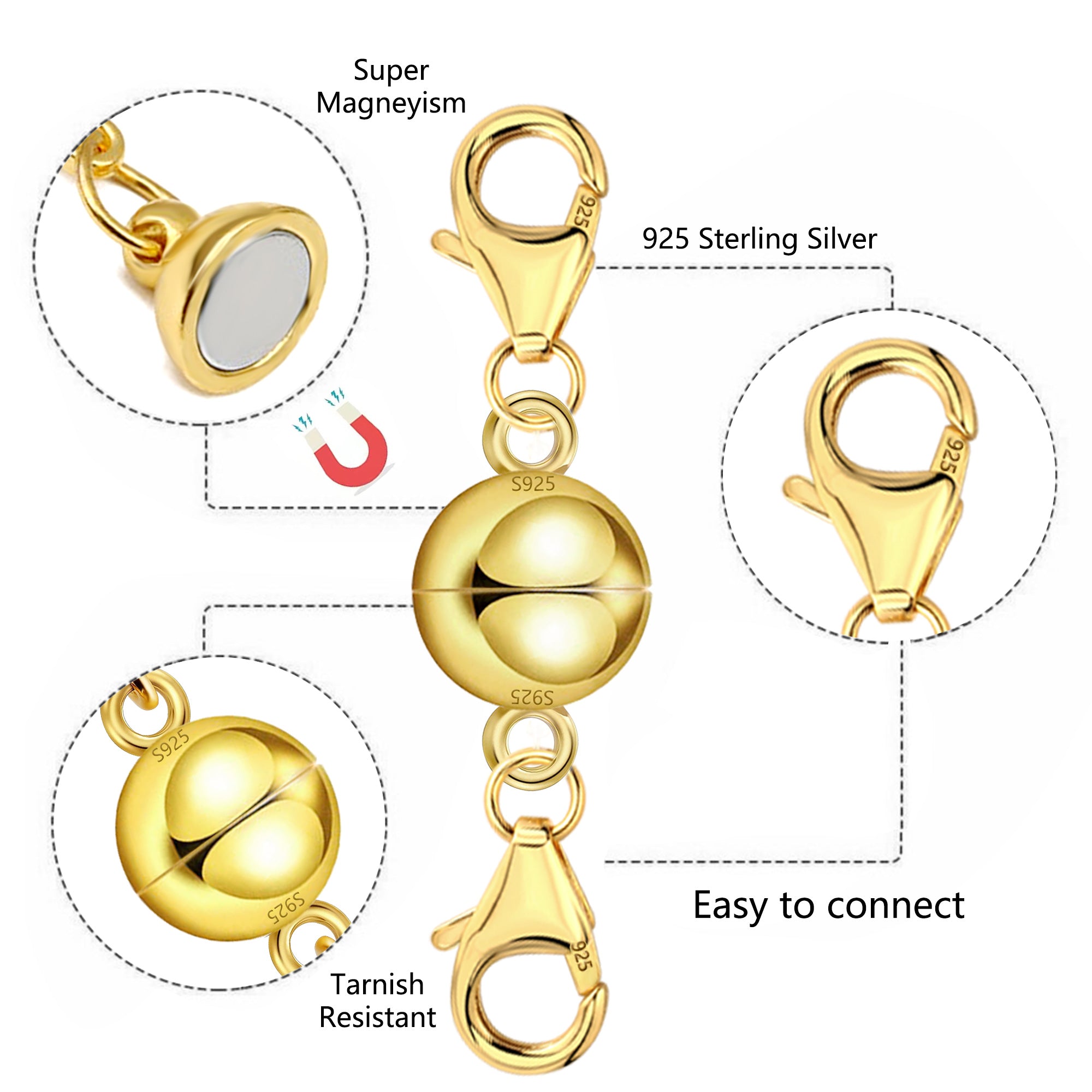 Gold-tone necklace & bracelet extender with 925 marks, double-ball center and clasps