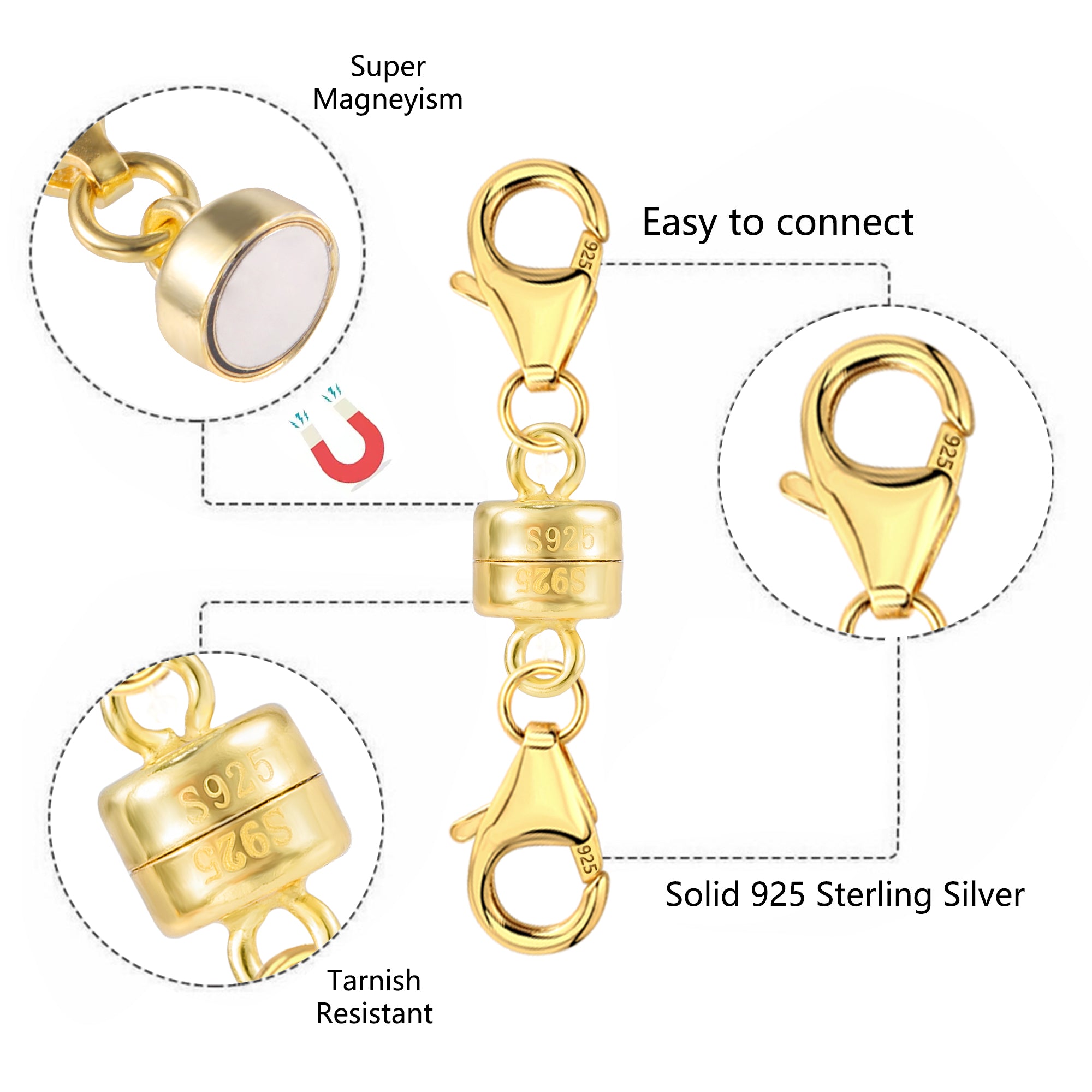 Gold magnetic necklace clasp converter, showing connector and S925 detail
