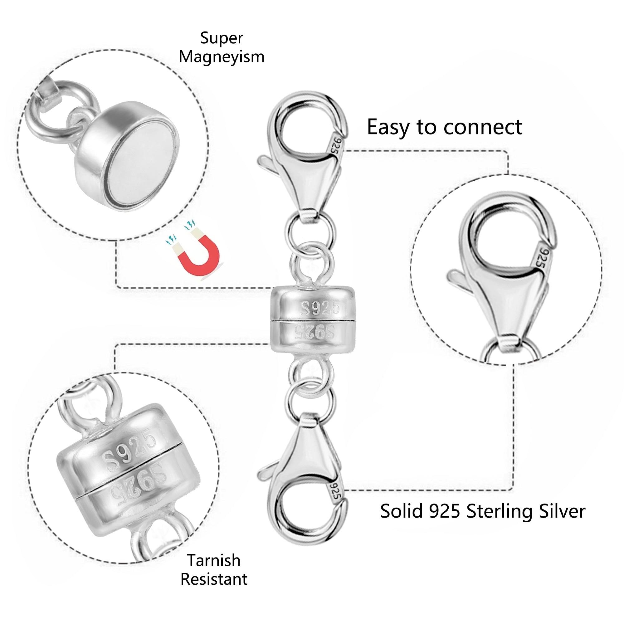 Silver magnetic necklace clasp converter, showing clasp connection and S925 detail
