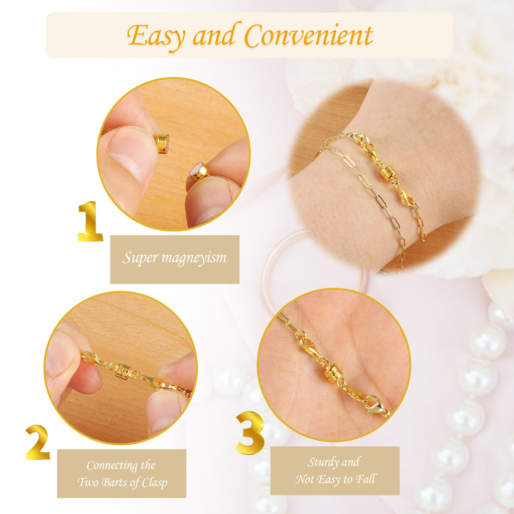 Gold magnetic clasp converter on necklace chain, shown being connected on wrist