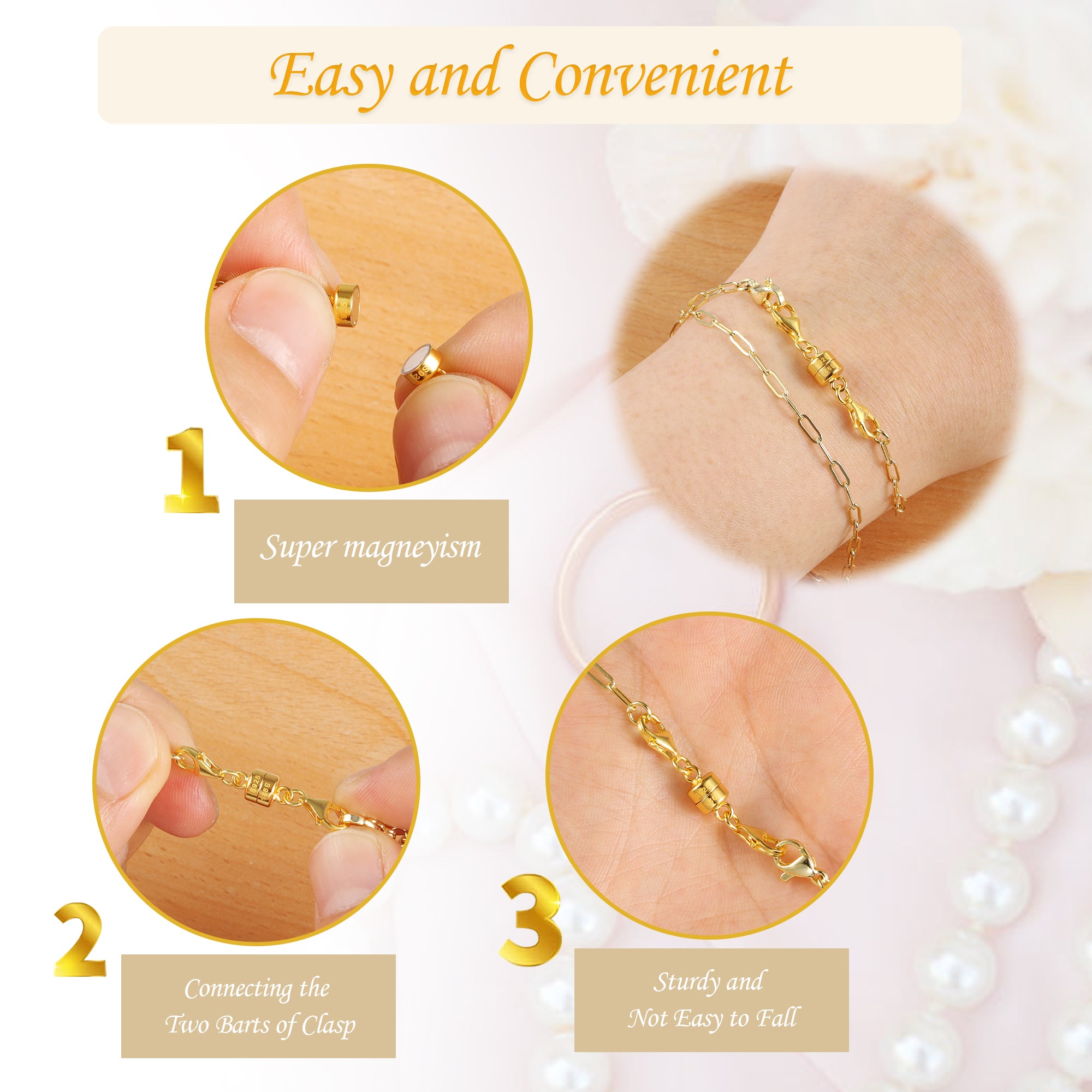 Gold magnetic clasp converter on necklace chain, shown being connected on wrist