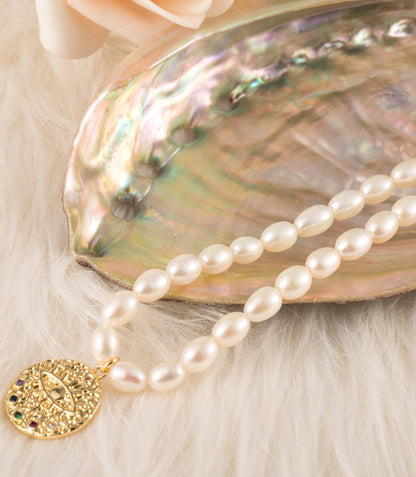 Pearl Bead Coin Pendant Necklace