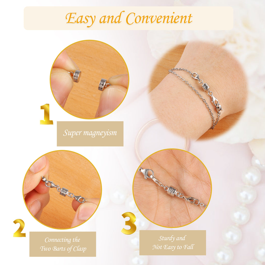 Silver magnetic clasp converter on necklace chain, shown being connected on wrist
