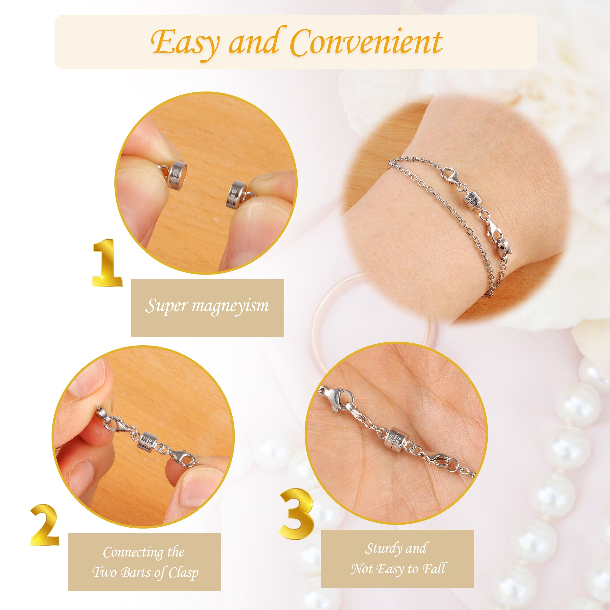 Silver magnetic clasp converter on necklace chain, shown being connected on wrist