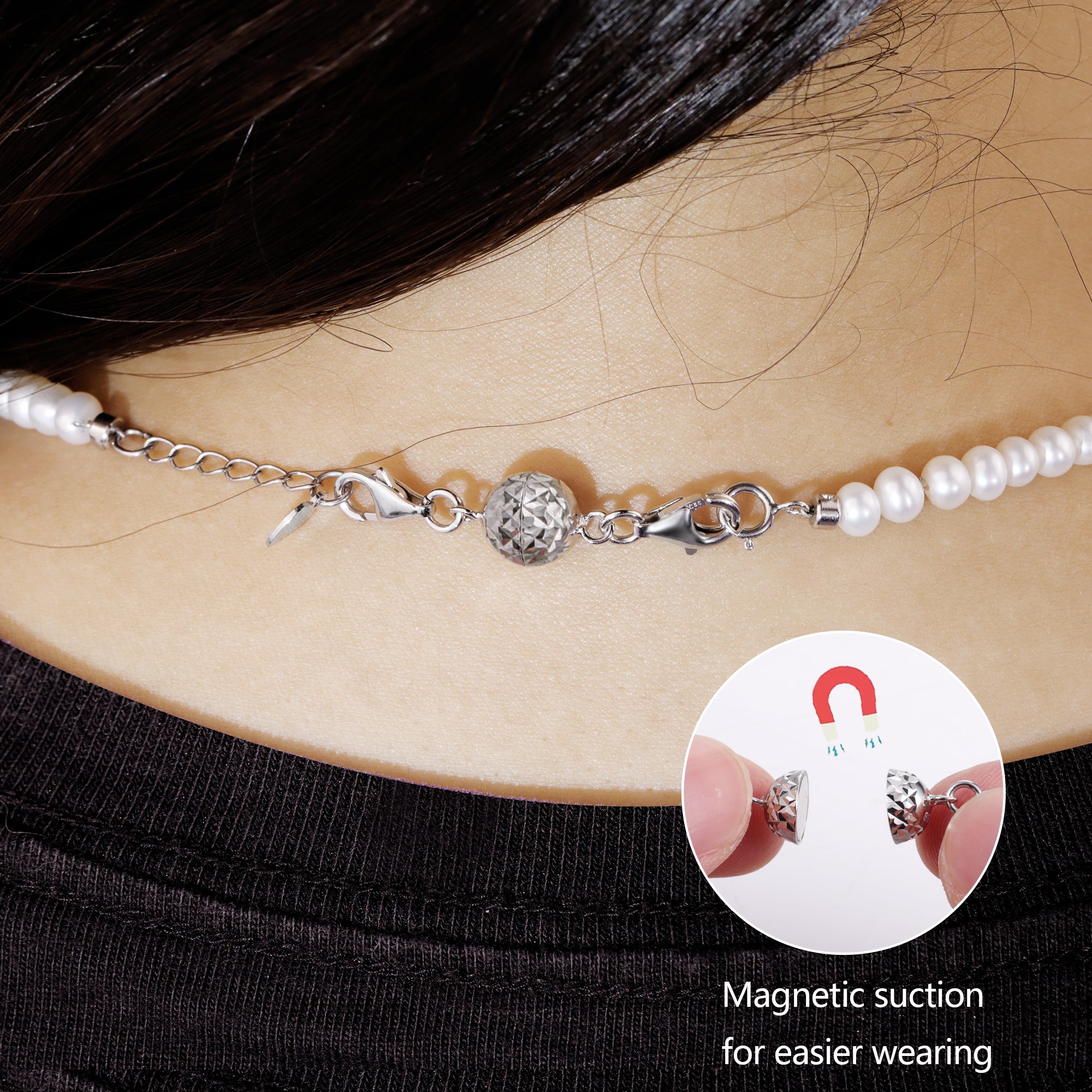 Silver magnetic clasp on pearl bracelet, round faceted bead with magnetic tips