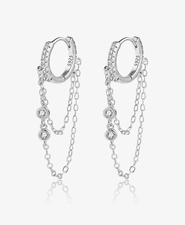 Drop Chain Hoop CZ Earrings