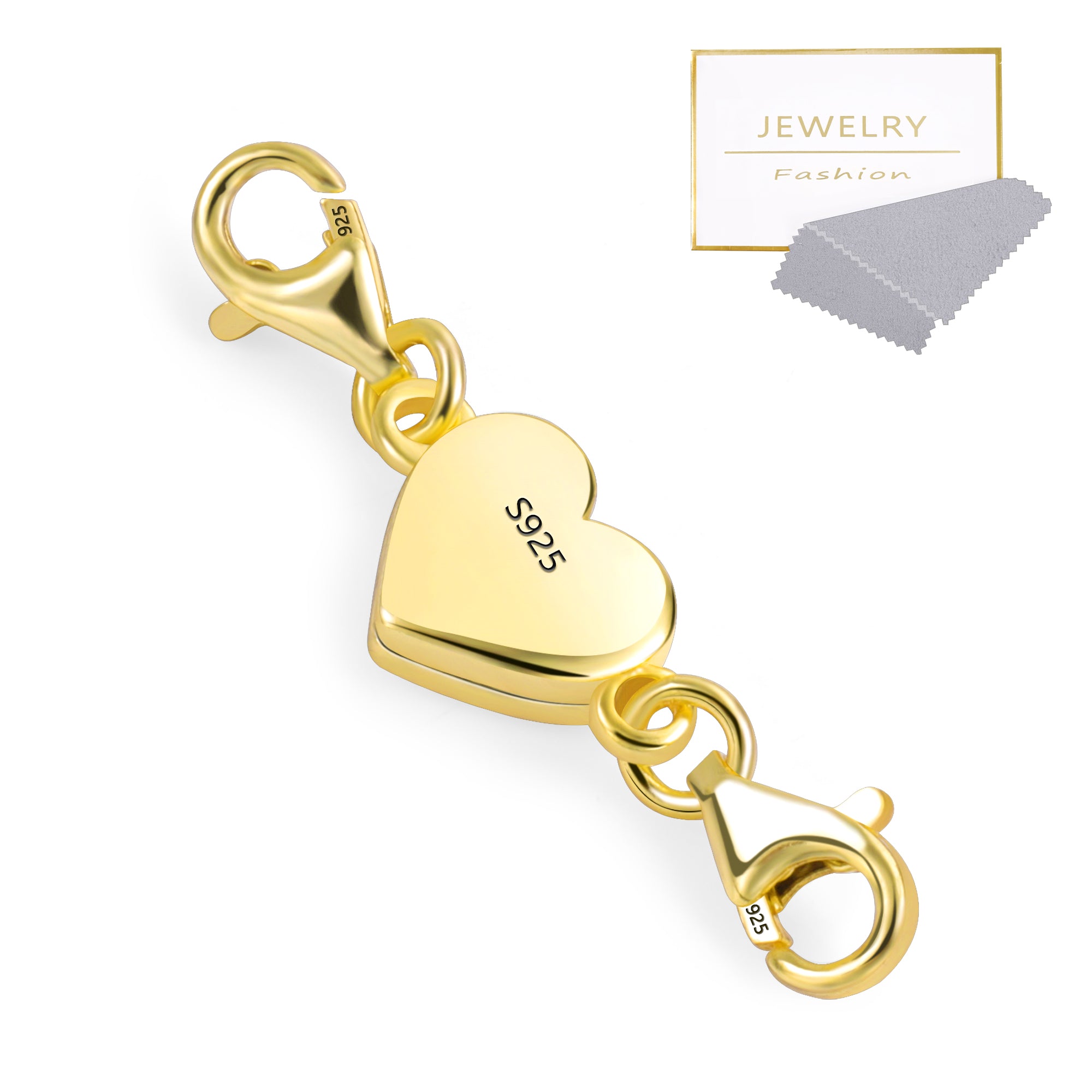 Gold heart magnetic clasp with spring hook ends and 925 stamp on heart