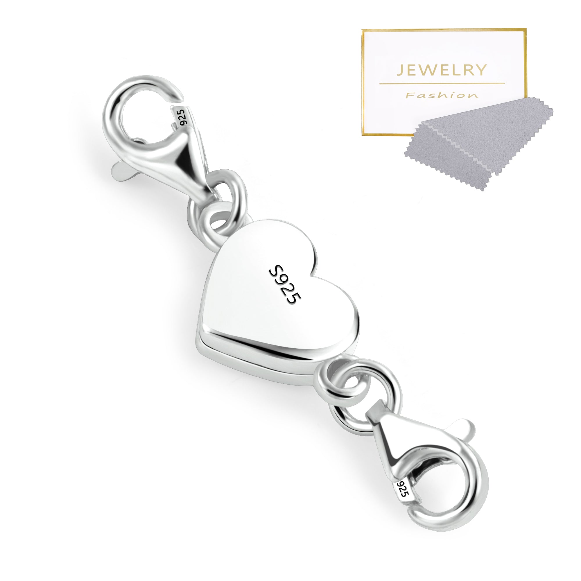 Silver heart magnetic clasp with magnetic latch and lobster clasp ends, 925 stamp