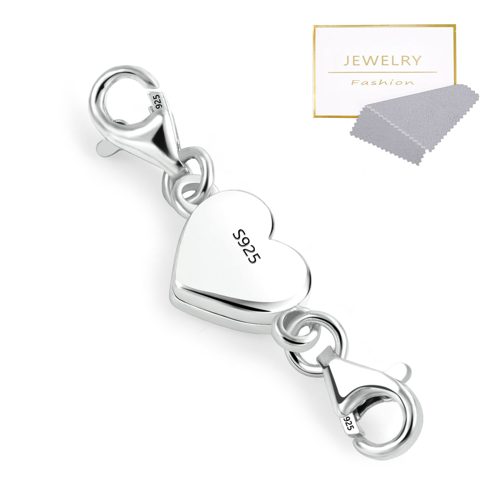 Silver heart magnetic clasp with magnetic latch and lobster clasp ends, 925 stamp