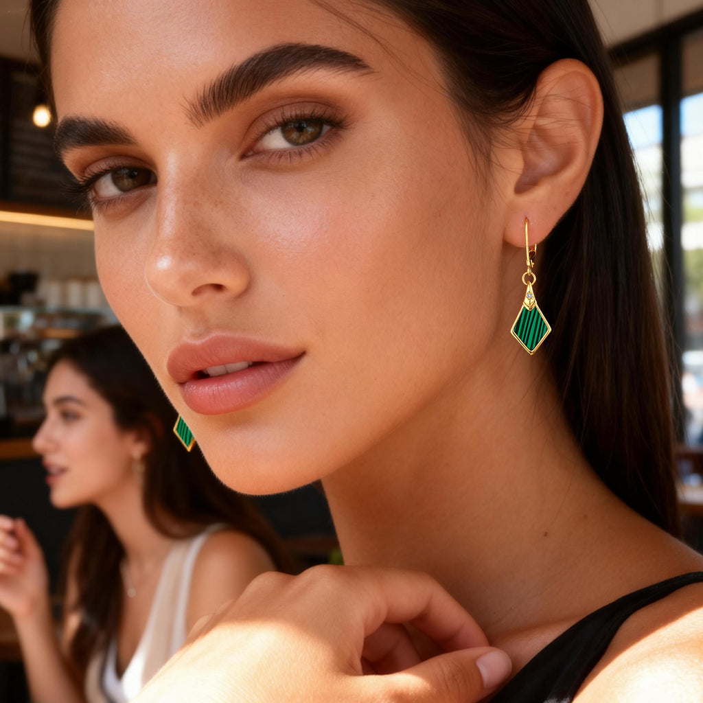 Malachite rhombus drop earrings with gold-tone hooks and green diamond dangle