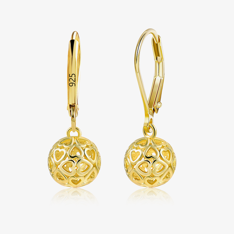 Gold drop earrings with textured ball skeleton heart pattern dangle charm