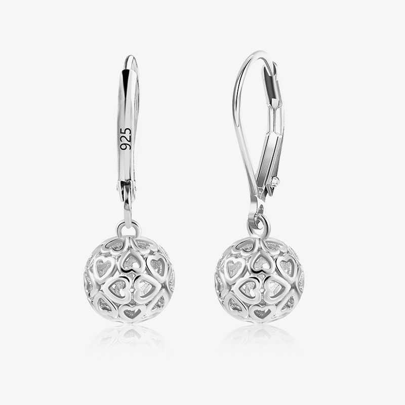 Silver drop earrings with textured ball skeleton heart-pattern round dangle charm