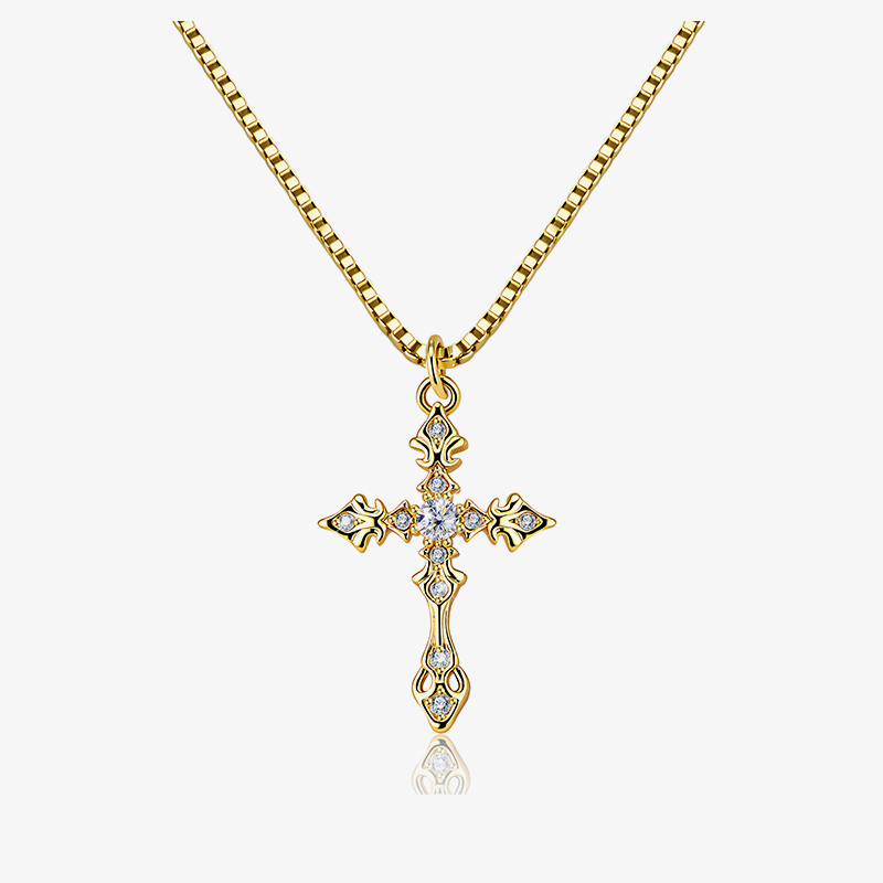 CZ Cross Necklace with gold-tone chain and blue cubic zirconia cross pendant