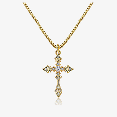 CZ Cross Necklace with gold-tone chain and blue cubic zirconia cross pendant