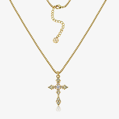 Gold-tone CZ cross necklace with adjustable chain and small blue-stone pendant
