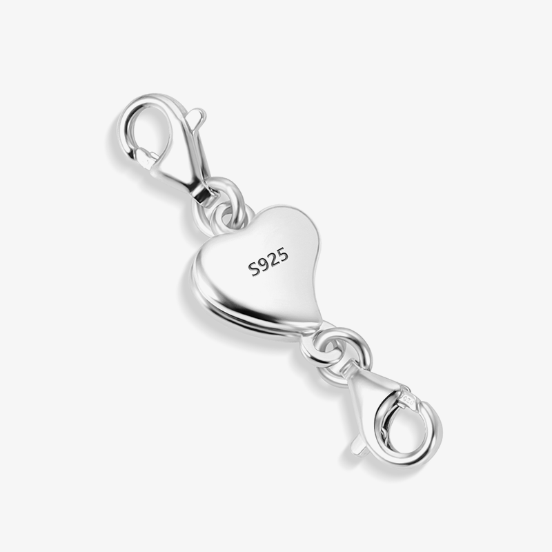 Silver heart chain extender with spring-ring clasp ends, stamped S925 on the heart