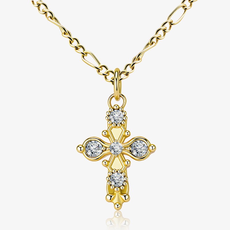 Gold dainty cross necklace with crystal-like stones pendant