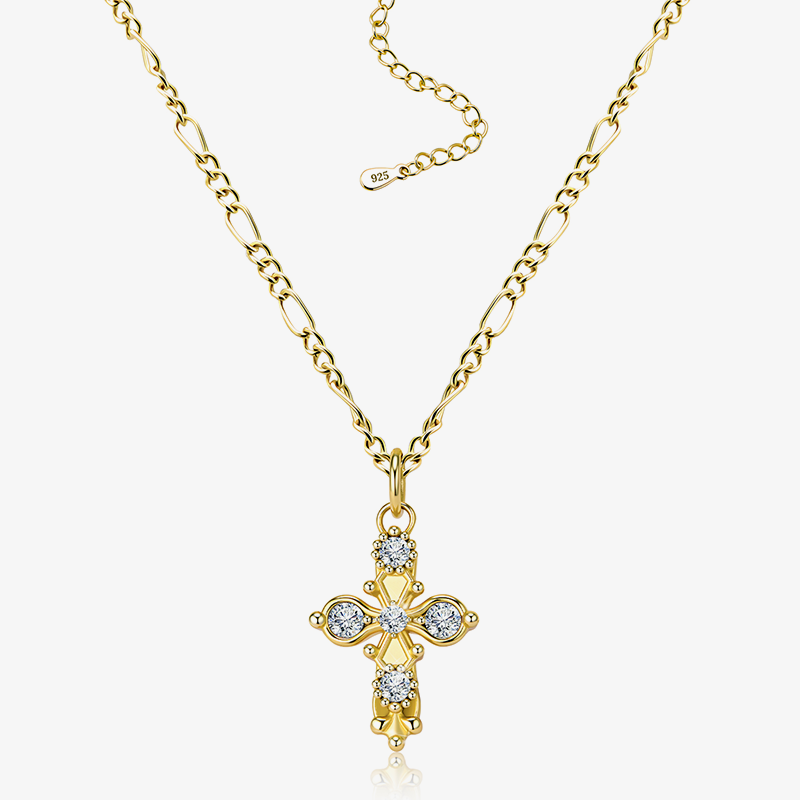 Gold cross necklace with curb chain and crystal-studded pendant, 925 tag