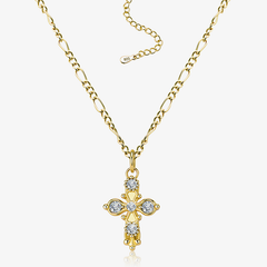 Gold cross necklace with curb chain and crystal-studded pendant, 925 tag