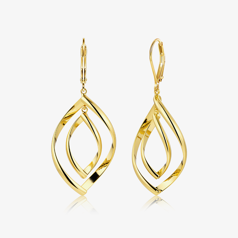 Gold Double Twist drop earrings with two linked teardrop loops, polished finish