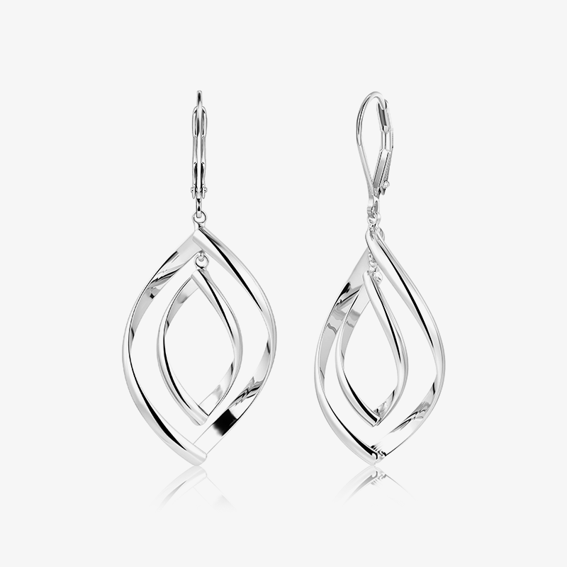 Silver Double Twist drop earrings with two linked teardrop loops, shiny polished finish
