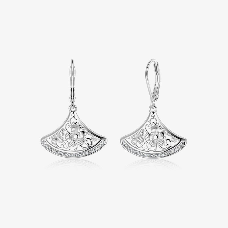 Silver fan drop earrings, crescent shape with floral engraving and rhinestone trim