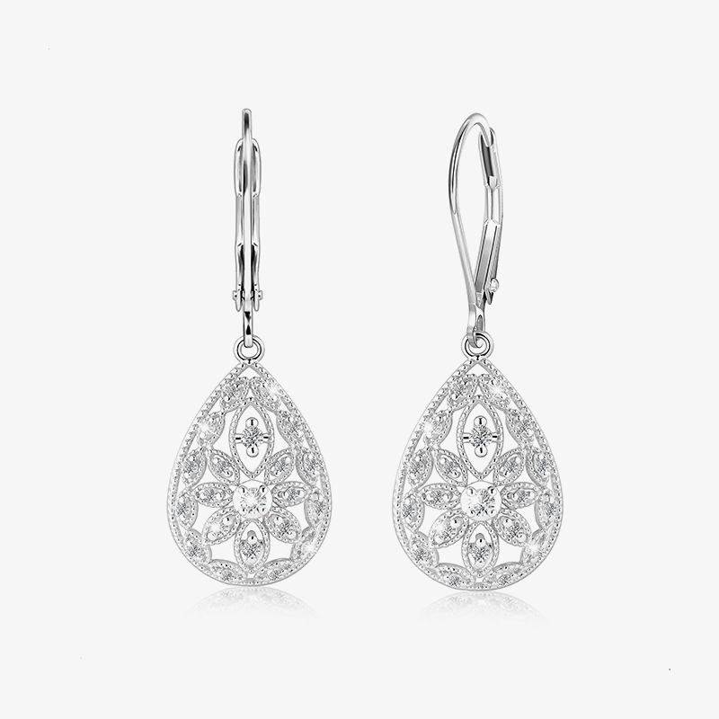 Silver Filigree CZ dangle earrings, teardrop lacework with round stone clusters and hooks.
