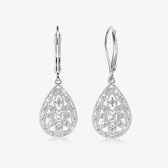 Silver Filigree CZ dangle earrings, teardrop lacework with round stone clusters and hooks.