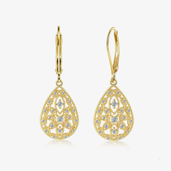 Gold Filigree CZ dangle earrings, teardrop lacework with small round stones and hook backs.