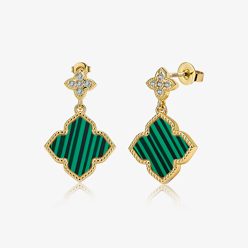 Four-Leaf Clover charm stud earrings, malachite green enamel clovers with gold-tone crystals