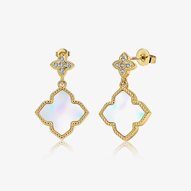 Four-Leaf Clover charm stud earrings, pearl-shell enamel clovers with gold-tone and crystals