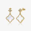 Four-Leaf Clover charm stud earrings, pearl-shell enamel clovers with gold-tone and crystals