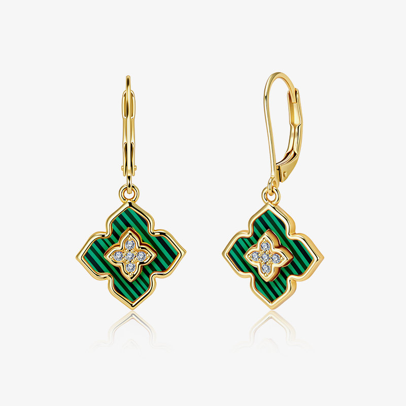 Four-leaf clover drop earrings in malachite green enamel with crystal cross centerpiece