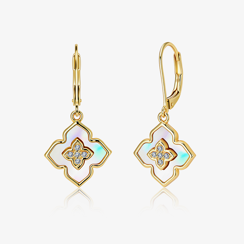 Four-leaf clover drop earrings in pearl shell iridescent enamel with crystal center