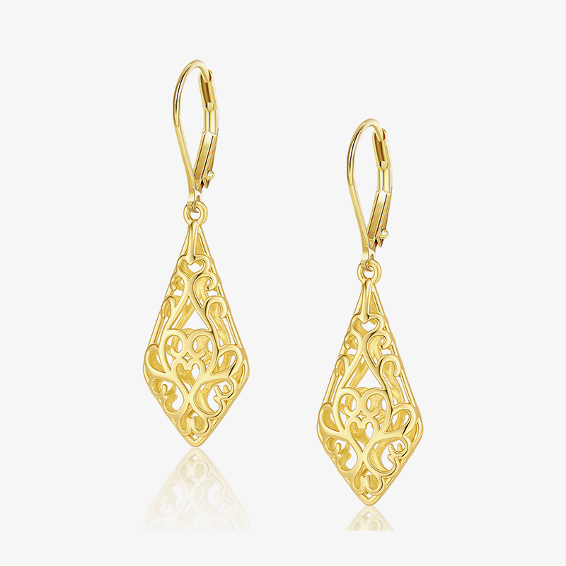 Geometric filigree drop earrings in gold-tone, teardrop lace-style design