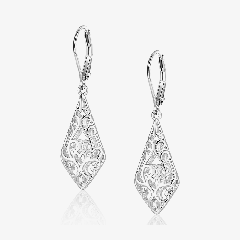 Geometric filigree drop earrings in silver-tone, teardrop lace-style design